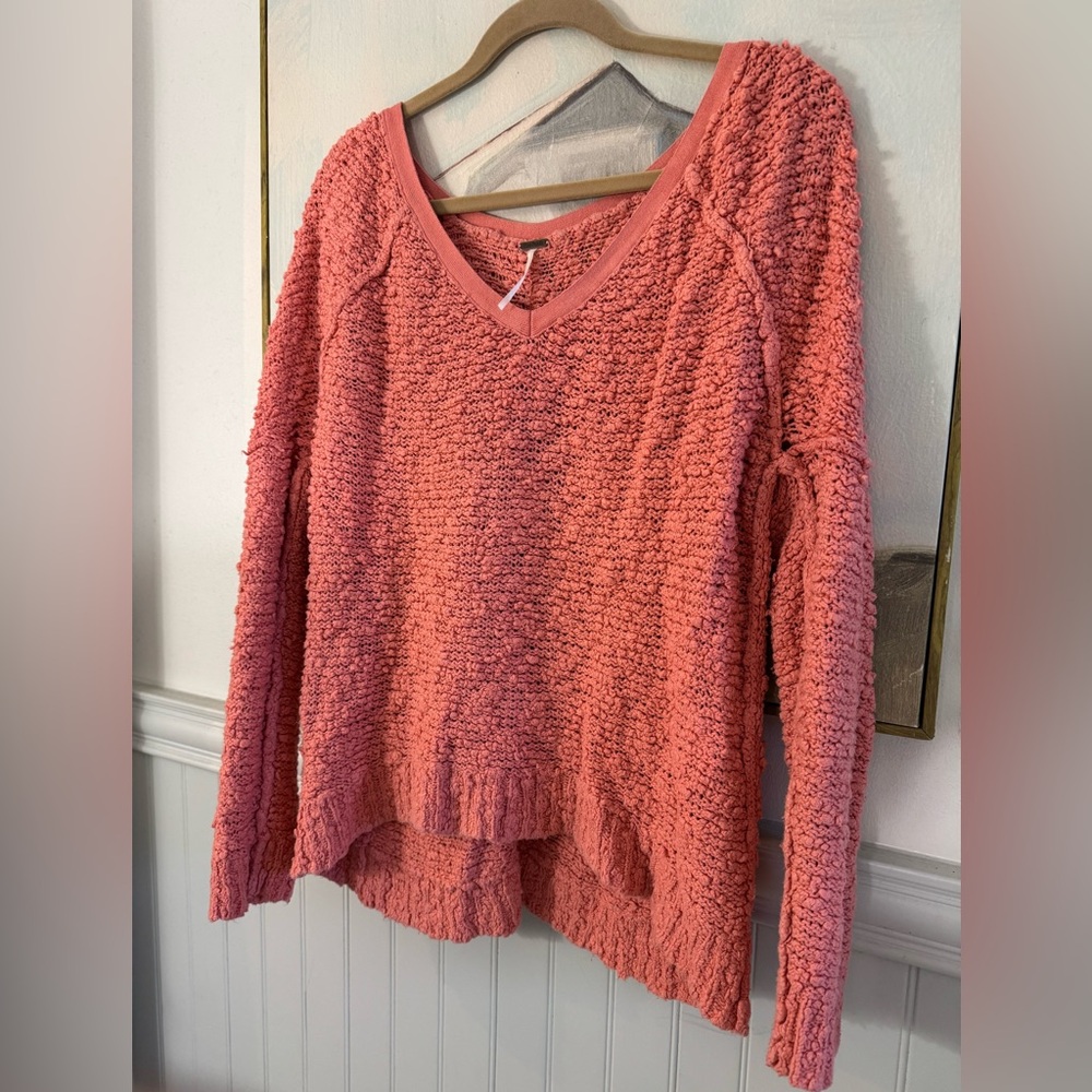 FREE PEOPLE Songbird Coral Orange Open Knit Sweater Size Medium - Picture 3 of 5